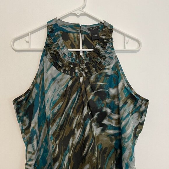 ANN TAYLOR Olive Green Teal Abstract Geometric Geo Halter Sleeveless Tank Blouse - Picture 4 of 13